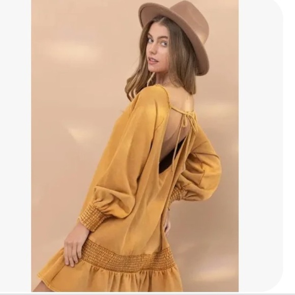 Smocked Knit Cotton Fleece Goldie Dress Mustard Yellow Size Small NWT - Picture 5 of 13